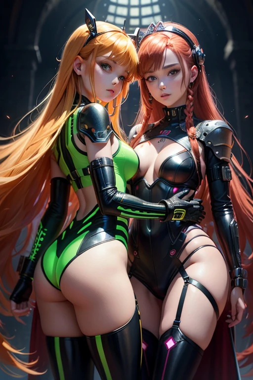 anime phonk horror cover two demon warriors one blond hair one bronze hair with neon green colors