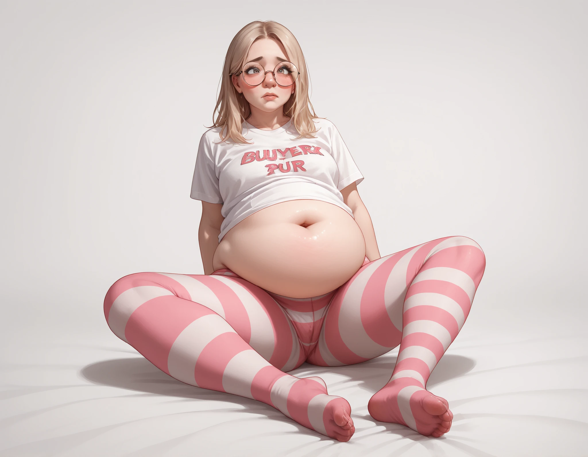 , (1 girl burping and blushing and bloated), (shirt too small for belly:1.3), () (1girl poking her belly:1.2), (),, () (ugly 18-year-old brown-haired woman, round glasses, colorful striped pantyhose and bare feet) .score_9, score_8_up, score_7_up, (wearing t-shirts)
, eyeliner around the eyes , nose ring,