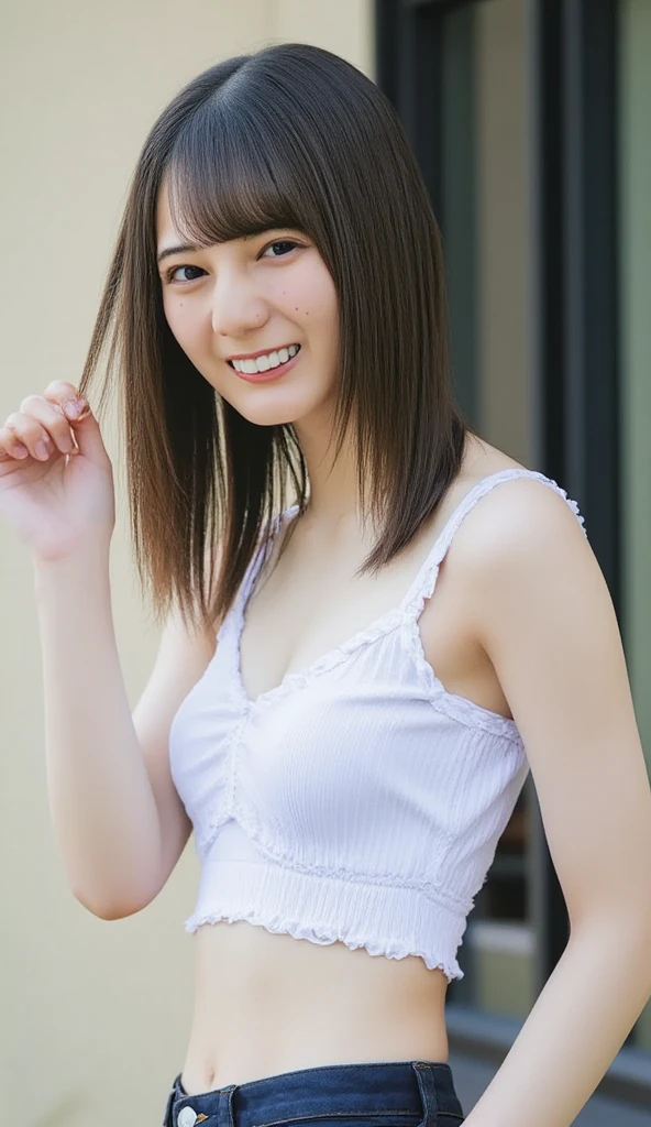 hight resolution、high-level image quality、in 8K、Real live-action、Raw photography、top-quality、​masterpiece、超A high resolution、Raw photo、ren、Beautiful fece、masutepiece、((Obscene content))、For adults、charm of 、absurderes、((((Japan elementary school students))))、Japan Girl、((8years old))、((with round face))、((Tanuki face))、((Cute little face))、(((((Shy laughter)))))、de pele branca、((chubby figure))、Juvenile physique、Smaller chest、kne、 thighs thighs thighs thighs、独奏、fullllbody、Very nice、(((white ruffle white tank top:1.0) ))、((White panty))、（Photorealsitic：1.37）、Photon mapping、Realistic、Radio City、Physically Based Rendering、depth of field rally background、a picture、(((a junior idol in Japan)))、Sparkling eyes、shiny lip、too bright natural light、The Bright Sun、Too bright sunlight、(((((8years old)))))、(((Pubic area)))、(Mansuji)、(((white ruffle white tank top:1.0) ))、 white tank tops、to stand、Open your  your crotch、Show off