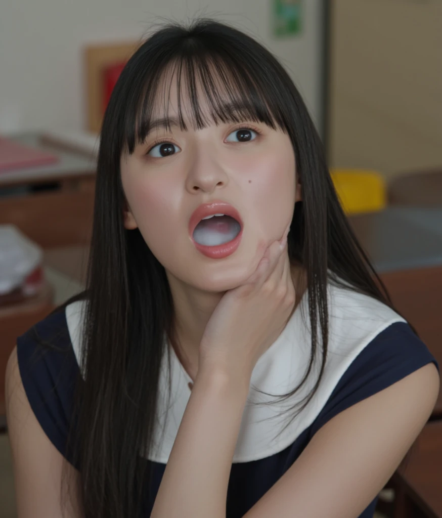 (realistic, photo-realistic:1.4), (best quality, masterpiece:1.2), RAW photo ,high resolution, intricate details, extremely detailed, insanely detailed, incredibly detailed, finely detailed, (full body:1.5), hetero, couple, 1girl, a 22yo Japanese female idol, sitting, posing as a pisstarget, (blunt bangs, straight hair:1.3), detailed face, detailed eyes, 1boy is pissing into her mouth, pissmouth, her mouth full of piss, penis exposed, photo background, indoors, home, bathroom,