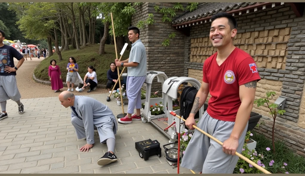 A young oracle, known as a "Ji Tong" in Taiwanese folk religion, is captured in a moment of trance-like intensity ,   <lora:houseman:0.85> ,housemanku, ku,Dressed in vibrant, traditional garments adorned with intricate embroidery and talismans, the Ji Tong is in the midst of a ritual. The setting is a bustling Taiwanese temple, filled with the smoke of incense and the fervent energy of devotees. The Ji Tong holds ritualistic tools in hand, perhaps a pair of crescent-shaped wooden blocks or a spiritual sword. The lighting is dramatic, casting shadows that accentuate the oracle's focused expression and the intricate details of the garments. The atmosphere is thick with the scent of incense and the murmurs of prayers, adding a layer of sensory depth to the image. Medium: Digital Photography. Style: Photojournalistic with a focus on cultural authenticity. Lighting: Natural temple lighting supplemented with soft, directional light to highlight the Ji Tong. Colors: Rich and vibrant to capture the essence of the ritual garments and temple decorations. Composition: A close-up shot that captures the Ji Tong and the immediate surroundings, with a blurred background to focus attention on the subject. Use photo hyper-realism, highly detailed, and high-resolution,<lora:dangi:0.6>