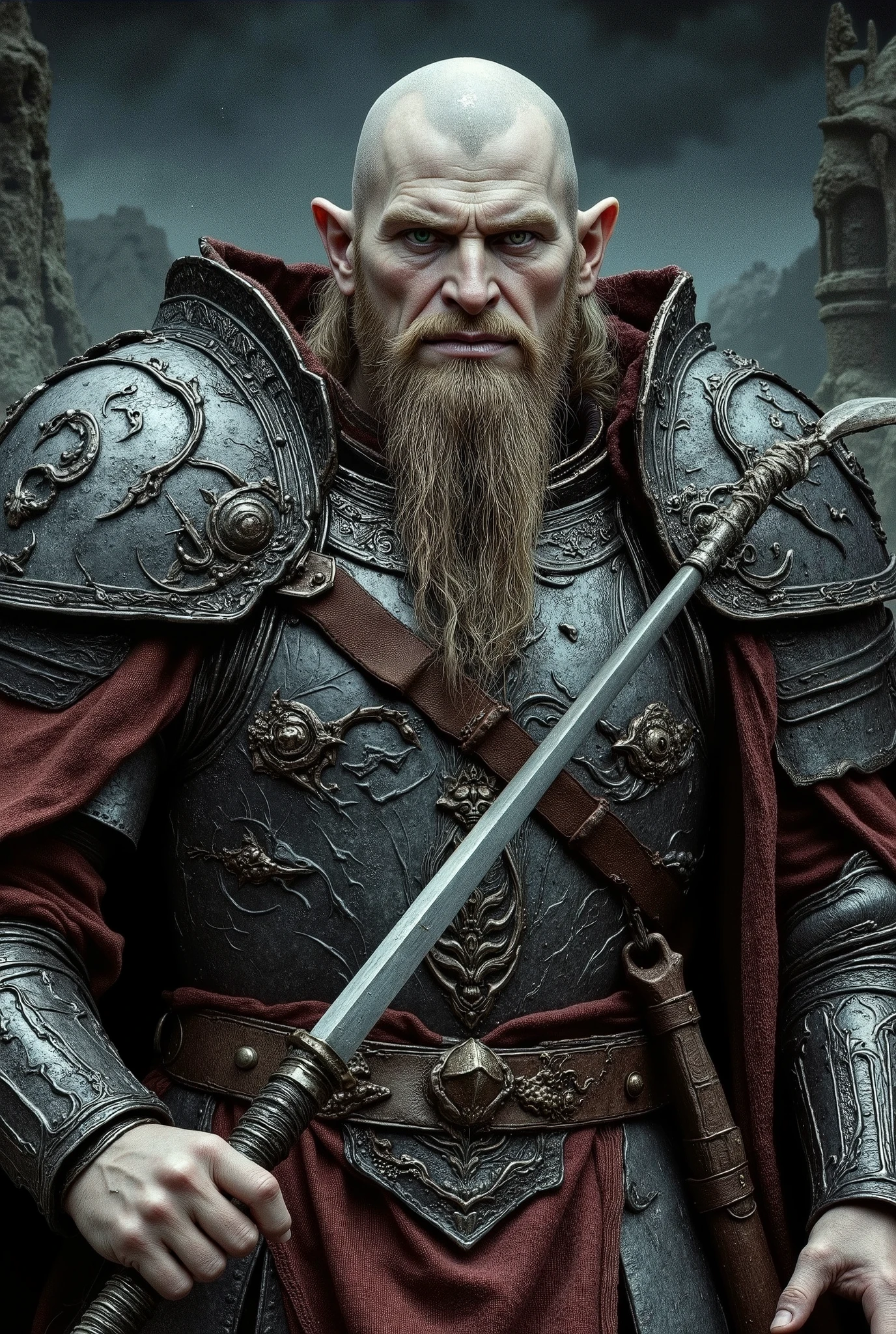 A large muscular female dwarf paladin dressed in darkly etched fullplate armour has a sad smile and a shaven bald head. Her skin is white, her eyes are light green, and her face is tired and depressed. She has a large crescent axe and a tower shield decorated with an eldar god. He is wearing a tabard with the image of a dragon badger. Disturbing liminal evil violent.
