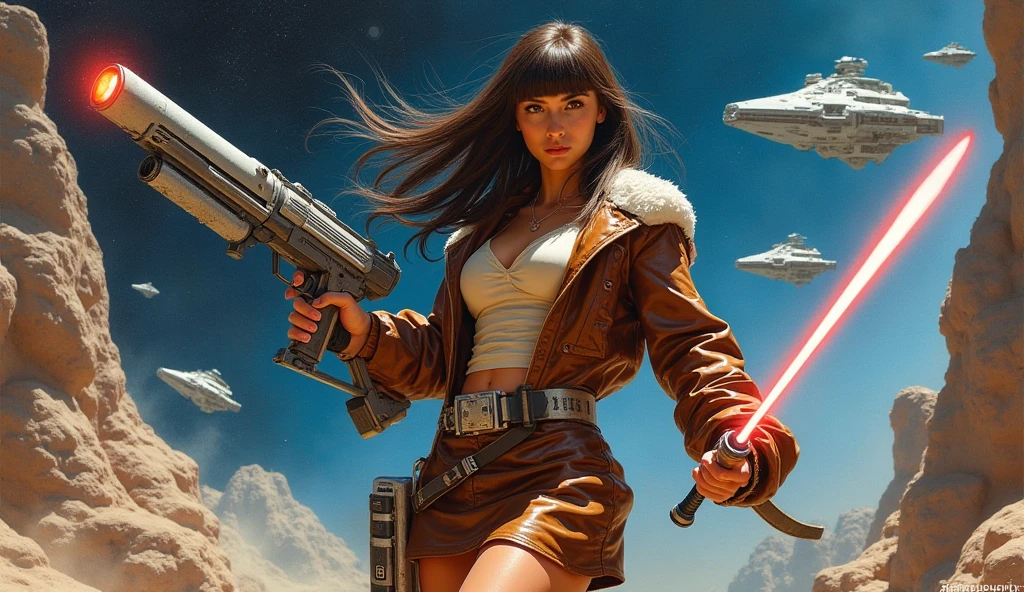Ring World,Science Fiction,Sci-Fi Movies,Artillery,Long-Range Missiles,Based on the movie Foundation ,beautiful tanned arab adult female, playful expression,brown eyes,stylish black hair with white gray,scientist uniform,white researcher coat,open meadow,rebel,chaotic,future world,world of socialism,snow,chaos