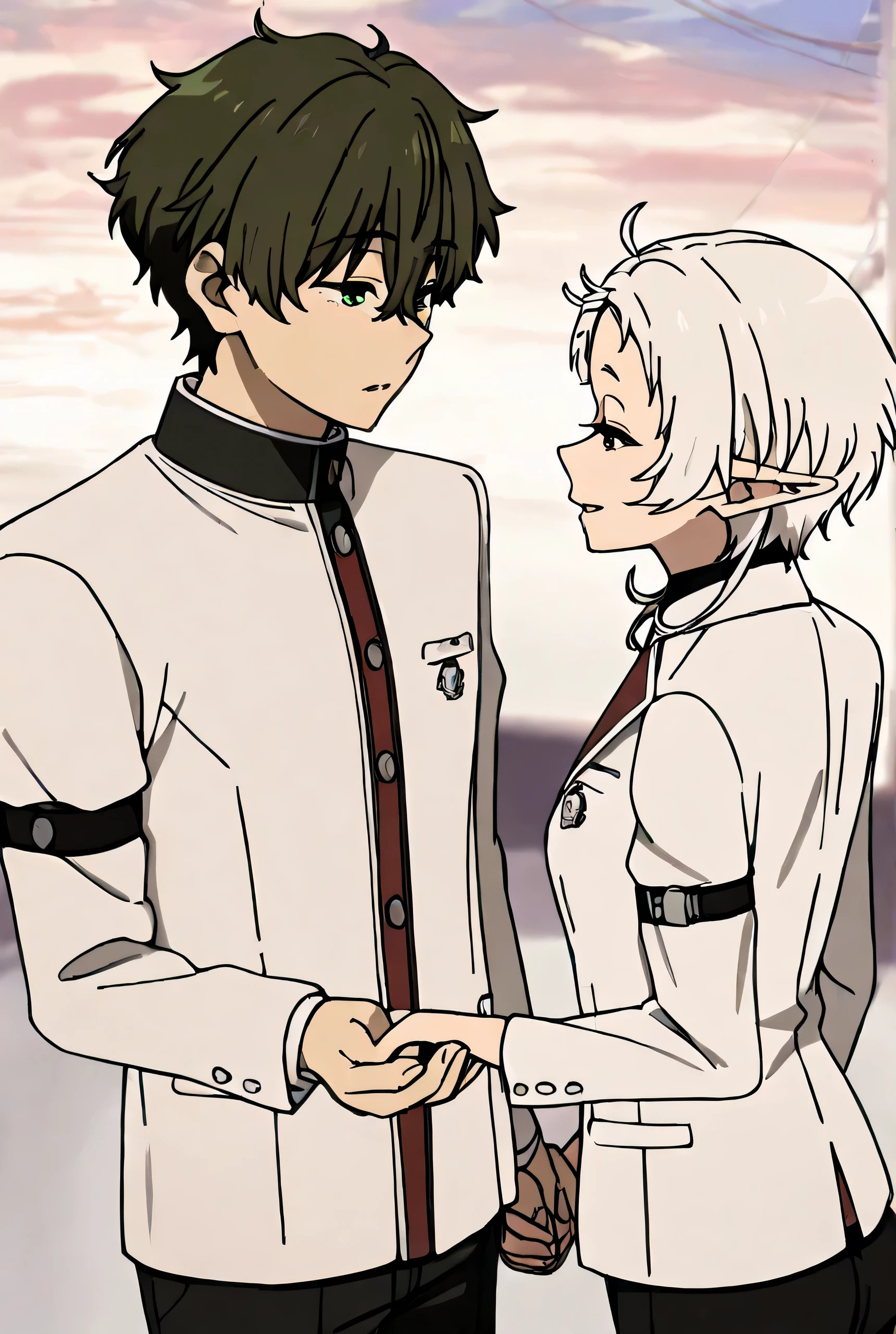 Oreki_Houtarou, SylphietteSchool, white jacket, long sleeves, arm belt, black belt, black pants, a boy, a girl, holding hands, boy on the left, girl on the right