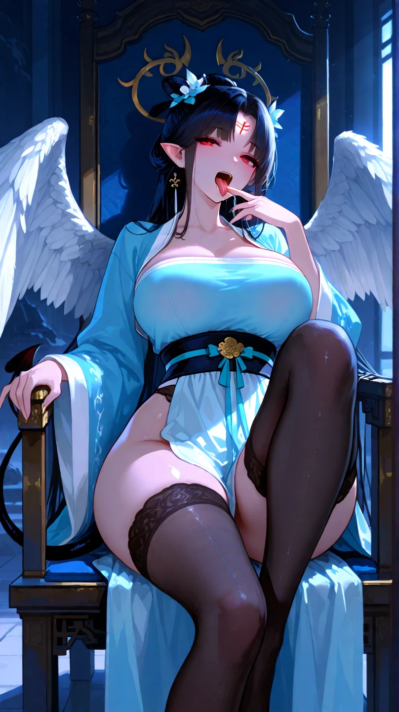 Extremely detailed CG unity 8k UHD QUALITY RESOLUTION WALLPAPER, AWARD-WINNING portrait, official art, Perfect masterpiece, best quality, best resolution, the most beautiful and sexy demon goddess, cowboy shot from below, Harajuku-inspired open hooded kimono, oni horns, black angel wings, bold color scheme and patterns, trendy and innovative platinum white colored Mohawk hairstyle, vibrant makeup, super huge enormously gigantic tits, cleavage showing, gigantic tits bursting out of her kimono, tons of tattoos and piercings, detailed feudal Japan dazzling feudal Japan bedroom, cherry blossoms blowing in the wind, vivid color scheme, insane details, beautiful detailed face, blushing, sexy seductive slutty facial expression, looking at the viewer, close up pov camera view from below, slutty sassy seductive sexy dynamic pose, intricate details, ultra detailed.