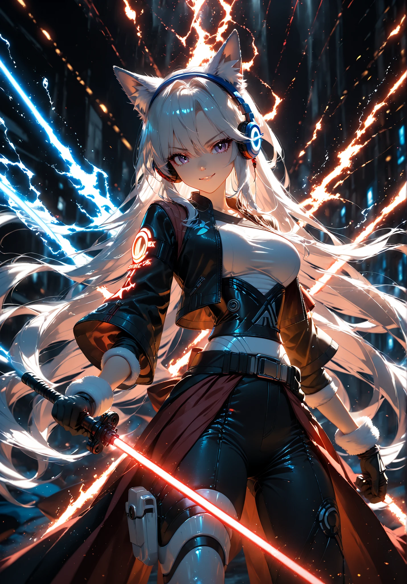 (( 1 anime girl , Sonic the hedgehog art style )) wearing Star wars Jedi outfit, badass anime 8 k, epic anime style, art of ((silverfox)), anime style 4 k, White lightning anime art wallpaper 8 k, holding a lightsabre. splash art, red lightsaber wallpaper, sonic power, anime art wallpaper , chaos control version, ready for attack position, seductive smile , wearing headphones,
