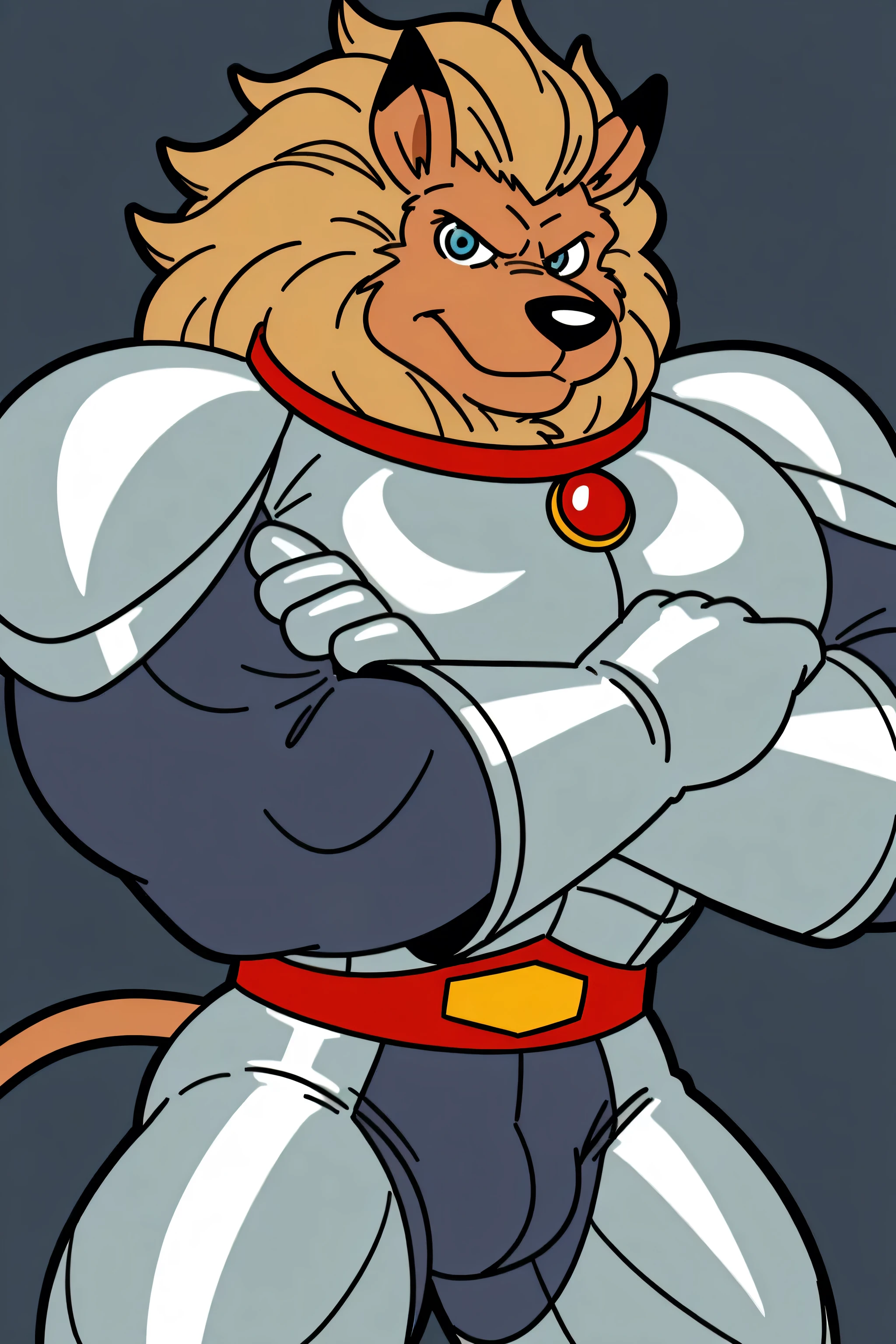 leomon, muscular, blue eyes, furry, solo, lion, male, mane, black speedos, high quality, simple background, looking at viewer, correct lighting, correct shadows, big body, thick lineart, black outline, red collar, blue eyes, silver uniform, blue undersuit, silver gloves, red waist, "R" on waist, half body, looking at viewer, yellow dogtag,