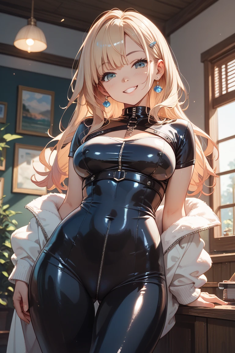 (top-quality: 1.3), (masterpiece: 1.3), (The ultra-detailliert: 1.3), (wall-paper, one girls: 1.1)、(Detailed hands and fingers:1.2)、(Detailed ultra-oily shiny skin:1.1)、oily shiny thighhigh、((Woman knight))、((Shoulder rest))、((Blue Hair Band))、(Green leotard:1.5)、(((Wearing a thin leather belt around the waist:1.3)))、(White cloak)、(blondehair:1.5)、Longhaire、waved hair、A big smile、(Beautiful Large Breasts:1.3)、Beautiful sister、bar、sexypose、Kneeling