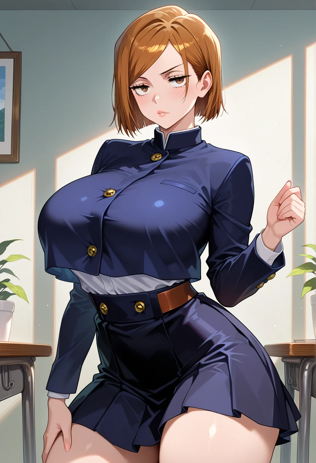 score_9, score_8_up, score_7_up, score_9,  BREAK kugisaki nobaraXL, 1girl, solo, breasts, looking at viewer, short hair, skirt, large breasts, brown hair, brown eyes, closed mouth, , jacket, belt, huge breasts, crop top, gradient, hand on hip, room background, no bra, underboob, looking down, from below, cropped jacket, high-waist skirt, crop top overhang, glaring, kugisaki nobara, Pantyhose, upskirt, pov, Cheerful face, smile, dark blue skirt, point of view from below, Extremely short and small skirt, micro skirt , Exhibitionist, showing upskirt, lifting skirt and exposing crotch , Spreading her legs, tight and transparent pantyhose , erect nipples 