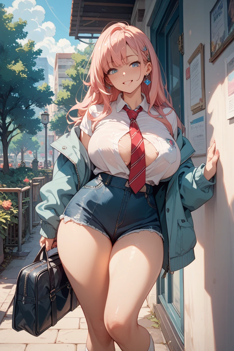 masterpiece、highest quality、Very detailed、Photograph the upper body、1 female、(Put your arms behind your back:1.2)、Are standing、Turn your body forward、View your viewers、(officeレディー、business suit)、blush、shy、Pink Hair、Open your mouth、office、Big Breasts、