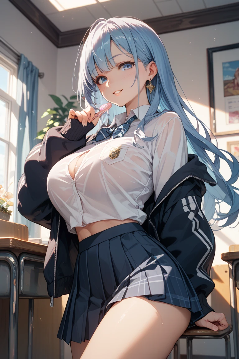 ((highest quality、High resolution、ultra detailed face, 8K、masterpiece:1.8))、dynamic angle、full body view 、wallpaper、1 girl、unparalleled beauty、ultimate beauty、super detailed face、delicate eyes、blue eyes, seductive smile、sexy look、shirtlift tease, looking at the camera、Depth of bounds written、light particles、side light、ponytail、silver hair、white hoodie、black panties, cute panties, cropped hoodie underboob, Exposed underboob, huge breasts, white stockings, Sneakers、slim、slender、Street park ,