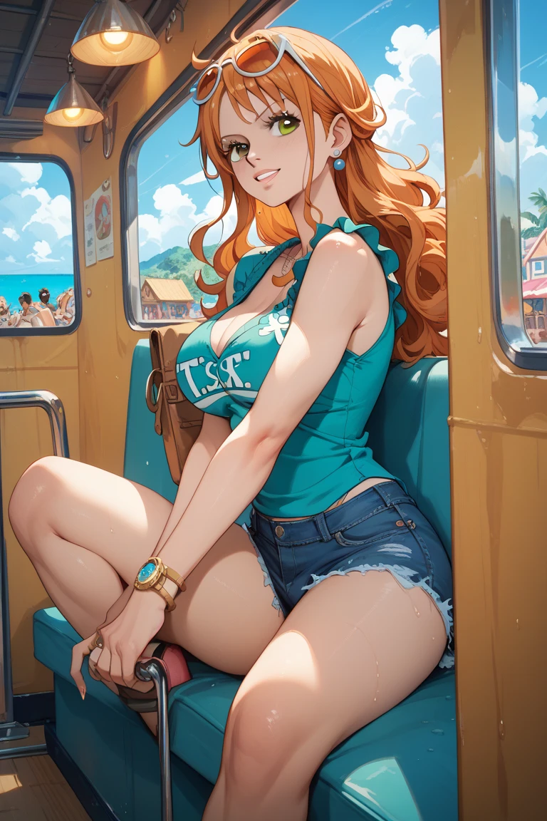 sunset shimmer sitting on a bus, open shirt, seductive look