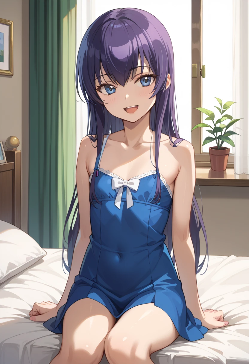((Best Quality)), ((masterpiece)), (be familiar with), completely complete, indoor, bedroom, watching viewers,
One woman, Saeko Tokushima,
open mouth, ecstatic expression, cover, smile,
small , flat chest, Young girl, lori, ren, girl,
long hair, long hair,
opening,