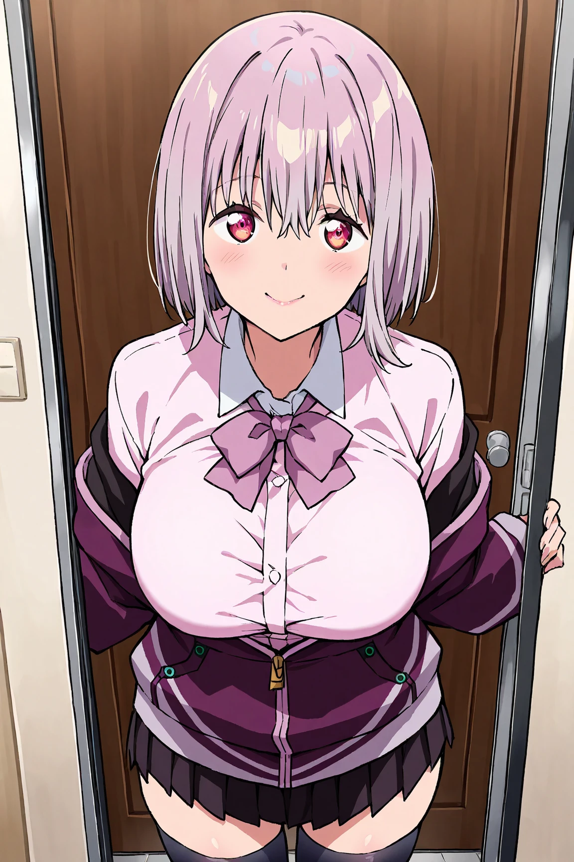 masutepiece, Best Quality, Solo, 1girl in, anastasia, Full body, Sweaters, Jewelry, Smile, Looking at Viewer, white_hair, (Huge breasts:1.5)
