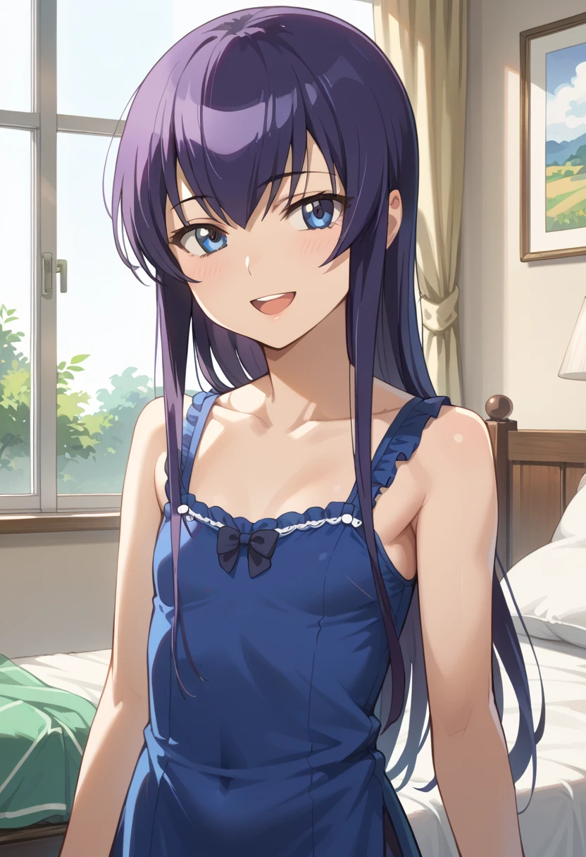 ((Best Quality)), ((masterpiece)), (be familiar with), completely complete, indoor, bedroom, watching viewers,
One woman, Saeko Tokushima,
open mouth, ecstatic expression, cover, smile,
small , flat chest, Young girl, lori, ren, girl,
long hair, long hair,
opening,
