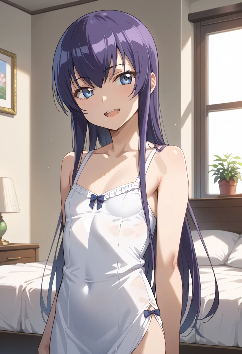 ((Best Quality)), ((masterpiece)), (be familiar with), completely complete, indoor, bedroom, watching viewers,
One woman, Saeko Tokushima,
open mouth, ecstatic expression, cover, smile,
small , flat chest, Young girl, lori, ren, girl,
long hair, long hair,
opening,