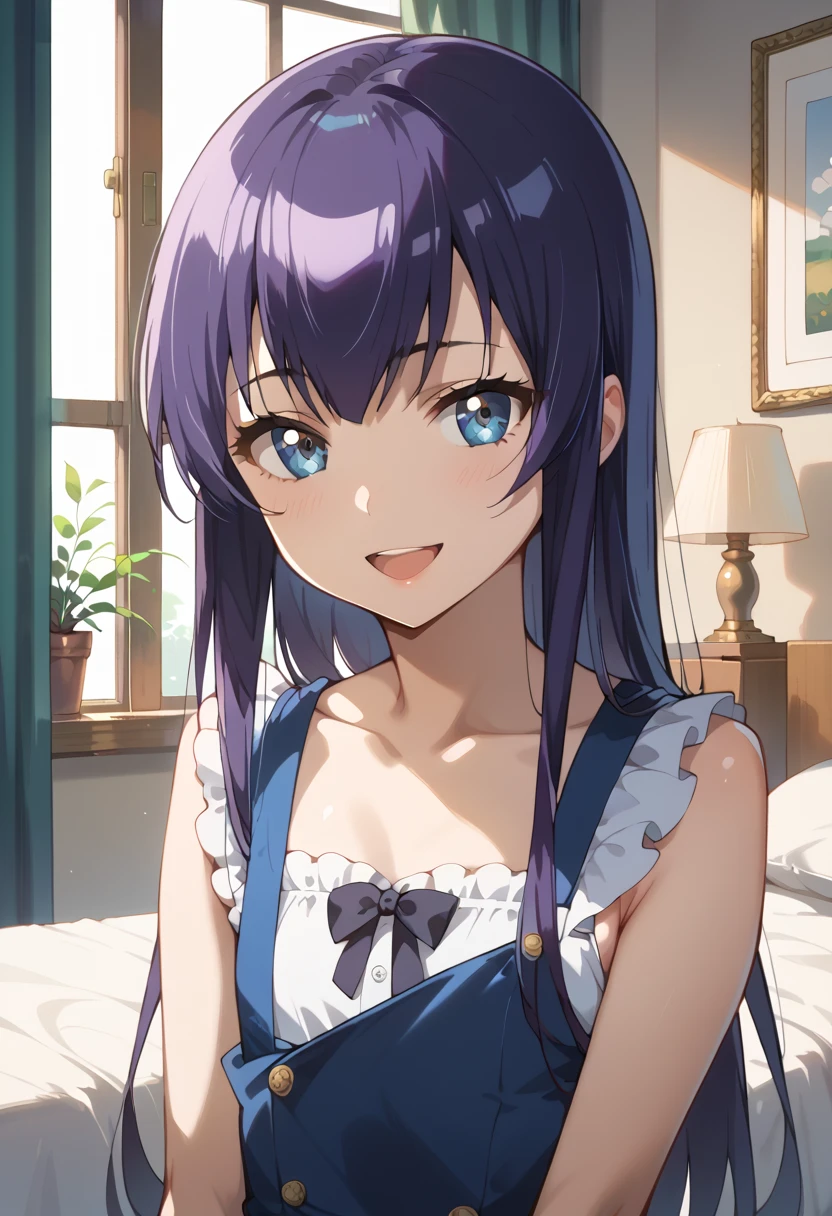 ((Best Quality)), ((masterpiece)), (be familiar with), completely complete, indoor, bedroom, watching viewers,
One woman, Saeko Tokushima,
open mouth, ecstatic expression, cover, smile,
small , flat chest, Young girl, lori, ren, girl,
long hair, long hair,
opening,