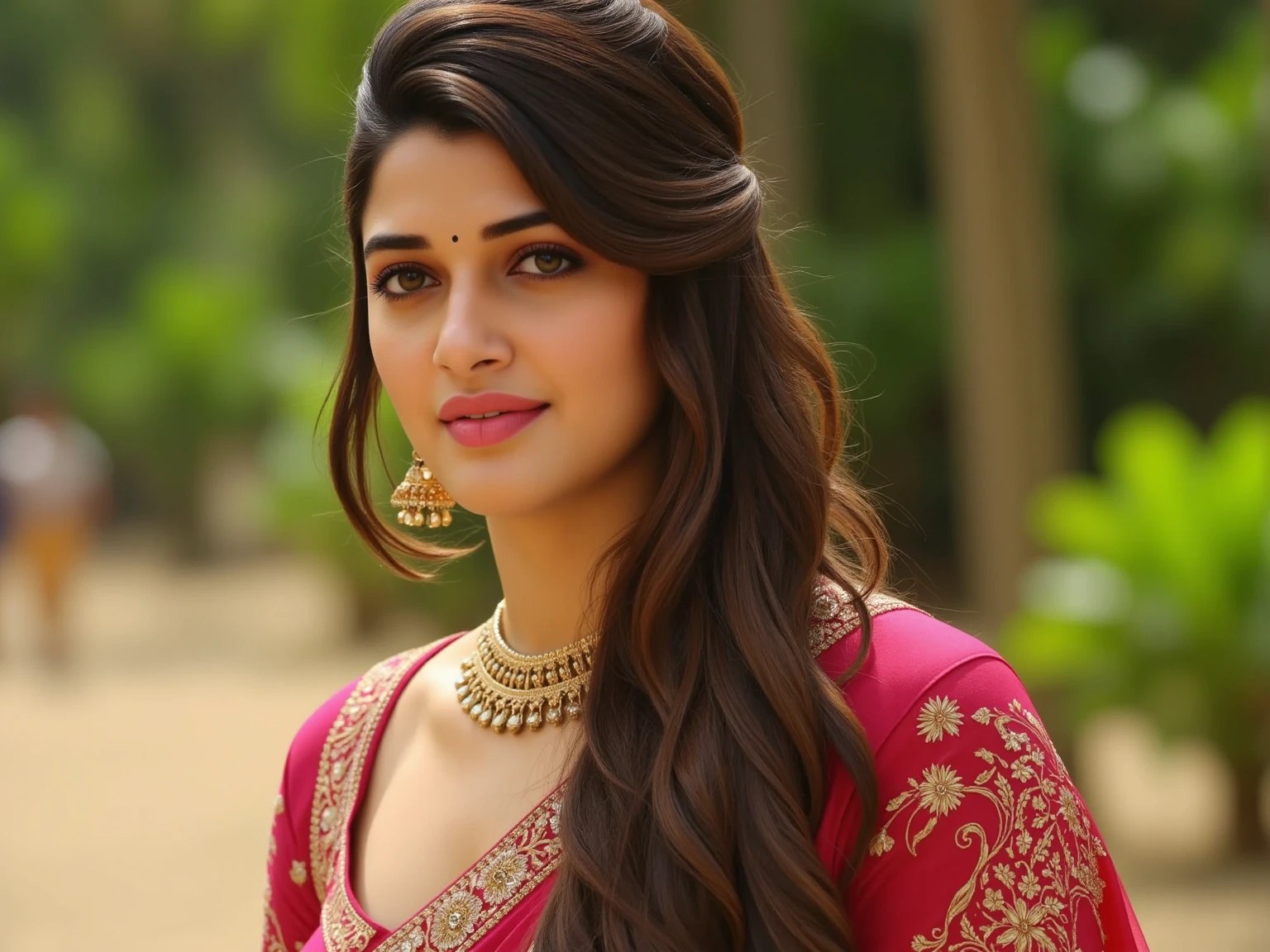 hires headshot photo of icrz woman studio quality, looking straight at viewer, detailed ethnic dress, canon 5D, f/2, background bokeh <lora:ICRZ_Ileana_Dcruz_SD15_LoRA:1>