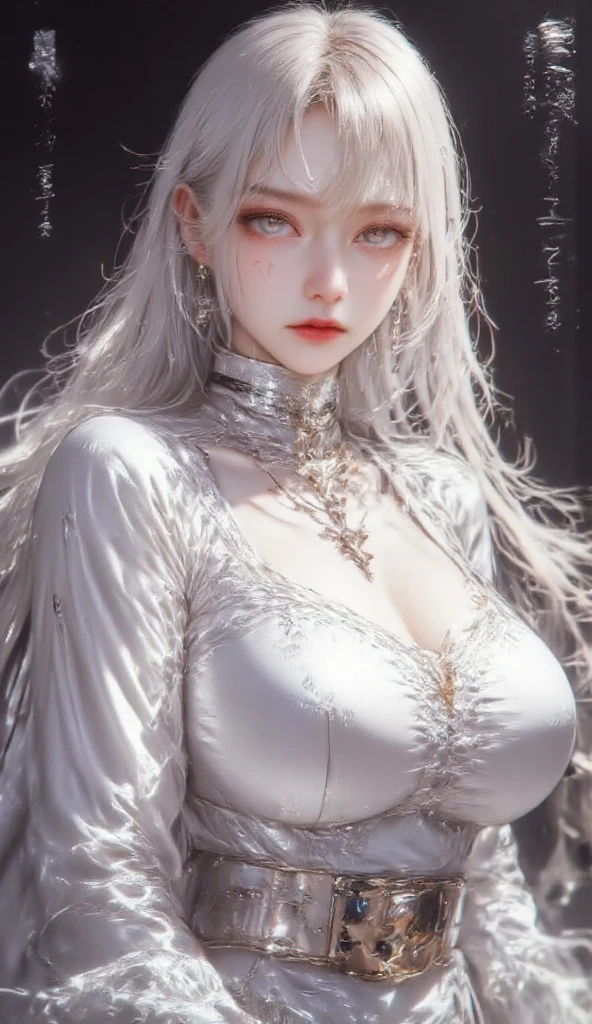 a beautiful detailed woman with long white hair, medium breasts, looking at the viewer, (detailed face), high resolution, photorealistic, Taoist