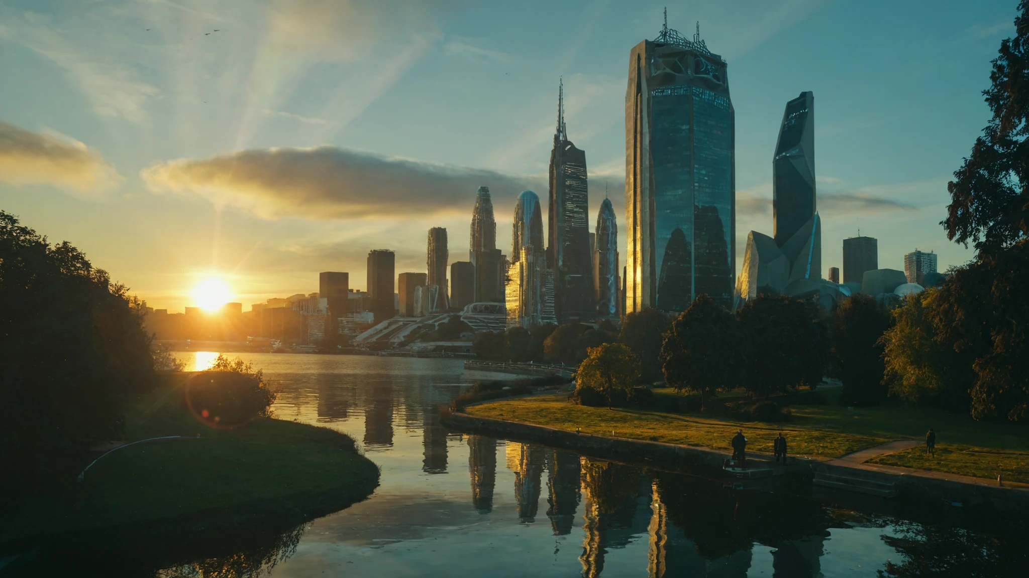 god rays, vivid colours, light stream, cinematic shot, aerial photography, masterpiece, best quality, amazing quality, very aesthetic, high resolution, ultra-detailed, absurdres,
futuristic architecture, perspective shot, militarist design, neo-militarism, evening sky, solarpunk, sci fi, city center,  white colours, white accents, city pond, park,
BREAK, depth of field, volumetric lighting
 