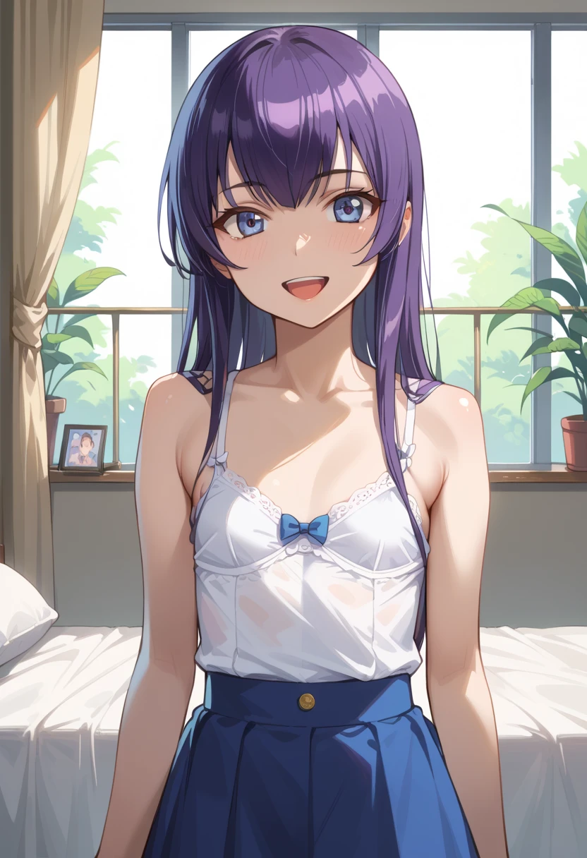 ((Best Quality)), ((masterpiece)), (be familiar with), completely complete, indoor, bedroom, watching viewers,
One woman, Saeko Tokushima,
open mouth, ecstatic expression, cover, smile,
small , flat chest, Young girl, lori, ren, girl,
long hair, long hair,
opening,