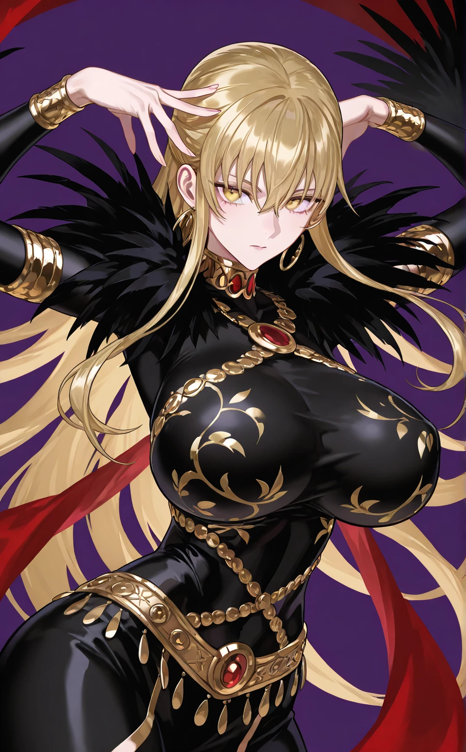 ((Woman 1, Yellow Hair, Purple Eyes, Classical Suit with different colors, smile, charming, playing cards, magic elements)),(Highly detailed CG,module,8K wallpapers)،(Highest quality, high resolution, beautiful lighting, realistic shadow, high resolution)،(Detailed skin, highly detailed, detailed faces and eyes, realistic eyes)