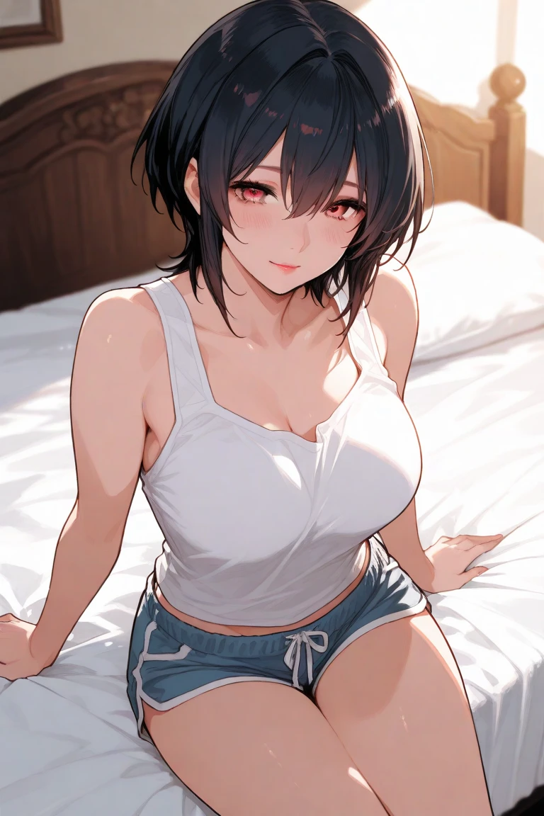 (best quality:1.5, highres, UHD, 4K, detailed lighting, shaders), brown ponytail, right hair bang, large breasts, white t-shirt, panties, sexy, erotic, lewd, smiling, open legs, crotch, thighs, seductive pose, sitting on bed