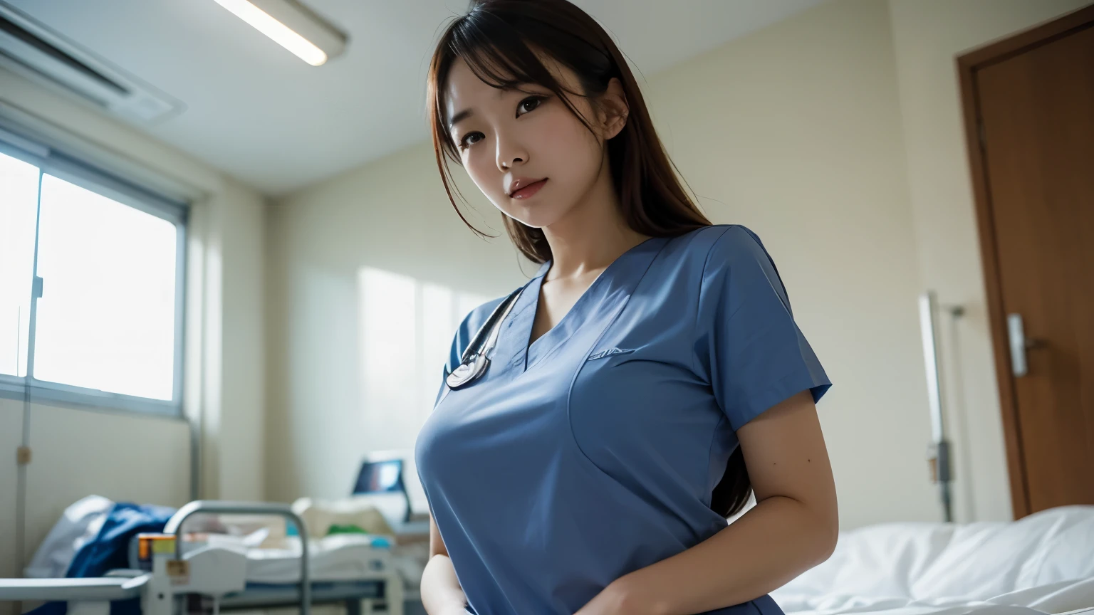A stunning East Asian nurse, with large breasts and sexy clevelage with long, wavy brown hair stands elegantly in a hospital.
