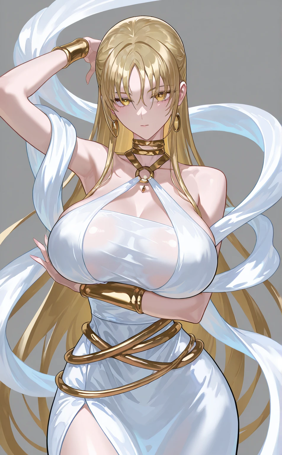Simple White Background,
cleavage,collarbone,bare shoulders, white dress and gold belt,choker,diamond crown,
earrings, jewelry,gem,necklace,
blonde hair, blue eyes,Bangs,long hair,
1 girl, 20yo,Young female,Beautiful Finger,Beautiful long legs,Beautiful body,Beautiful Nose,Beautiful character design, perfect eyes, perfect face,expressive eyes,perfect balance,
looking at viewer,(Focus on her face),closed mouth, (innocent_big_eyes:1.0),Light_Smile,
official art,extremely detailed CG unity 8k wallpaper, perfect lighting,Colorful, Bright_Front_face_Lighting,shiny skin,
(masterpiece:1.0),(best_quality:1.0), ultra high res,4K,ultra-detailed,
photography, 8K, HDR, highres, absurdres:1.2, Kodak portra 400, film grain, blurry background, bokeh:1.2, lens flare, (vibrant_color:1.2),professional photograph,
(Beautiful,large_Breasts:1.4), (beautiful_face:1.5),(narrow_waist),