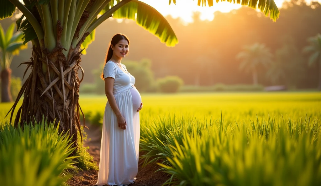 Indonesian woman aged 23, 5 months pregnant, body facing forward, wearing a white tank top, not wearing a bra, Shorts, green garden background