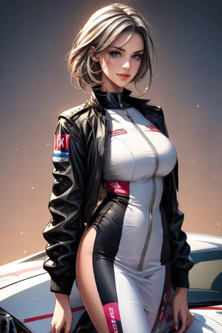 "Cheerful Korean model confidently poses in a seductive outfit, showcasing her stunning curves, dressed in a sleek and revealing race car mechanic attire, set against the backdrop of a busy workshop."