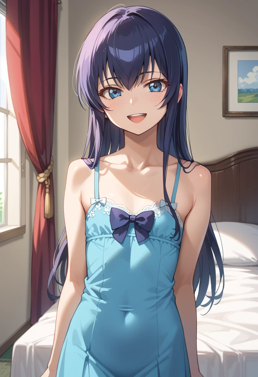 ((Best Quality)), ((masterpiece)), (be familiar with), completely complete, indoor, bedroom, watching viewers,
One woman, Saeko Tokushima,
open mouth, ecstatic expression, cover, smile,
small , flat chest, Young girl, lori, ren, girl,
long hair, long hair,
opening,