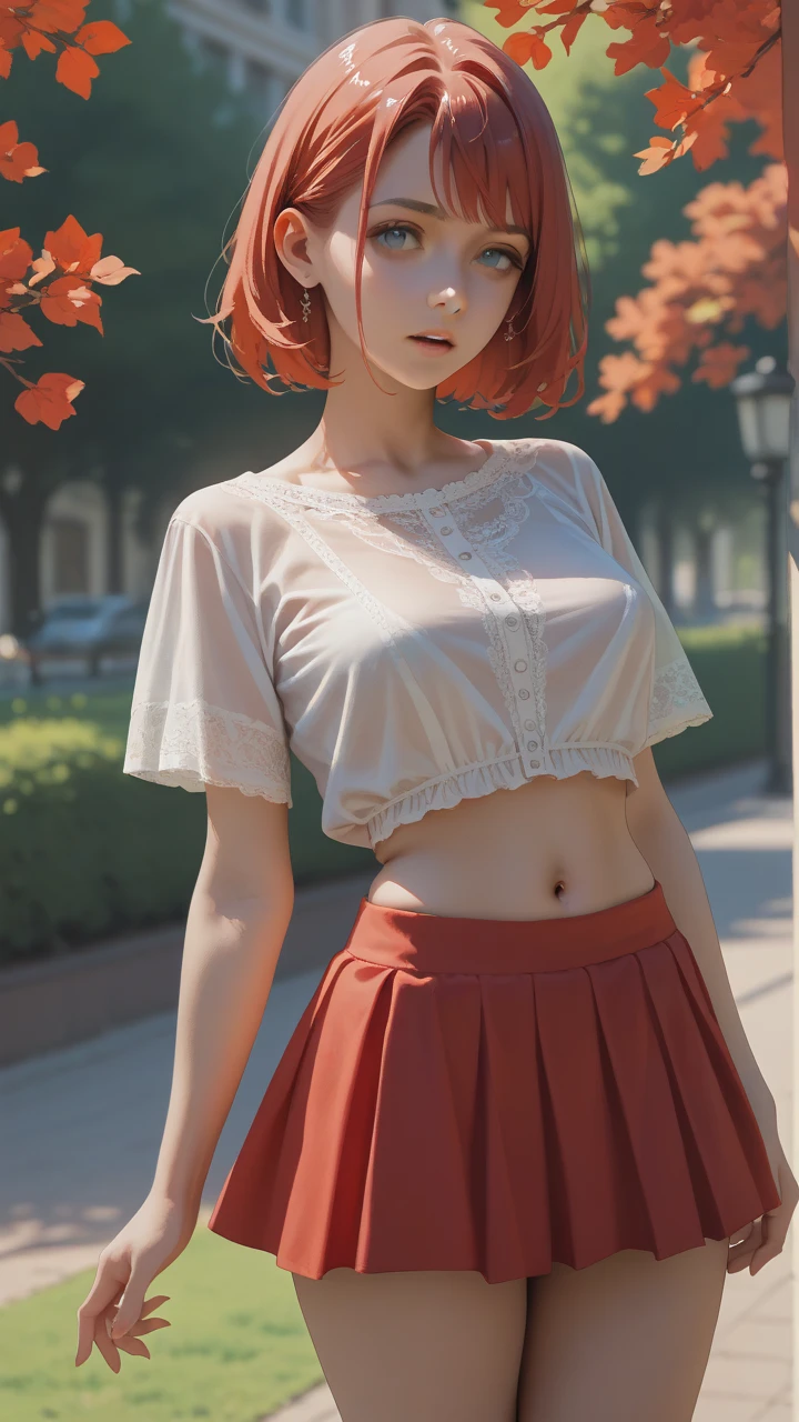 ((perfect anatomy:1.2,realistic,:1.3,RAW Photography:1.3,masterpiece、highest quality、Ultra - High resolution、High resolution、Highly detailed CG、8K)),nsfw,cowboy shot,1 female,alone,20-year-old,beauty of japan,beautiful detailed face and eyes,big and gorgeous eyes,gray eyes,(red hair,short bob hair,bangs), (slender body,small head:1.4, skinny、small breasts), glowing skin,oily skin,wet:1.3,(topless,nipples,red micromini skirt,choker,white panties、damp crotch、wet)arms up,standing,spread legs:1.5,riverの水で濡れる、fantasy,fantasy world、tree々、forest、river、medieval europe、natural sunlight、