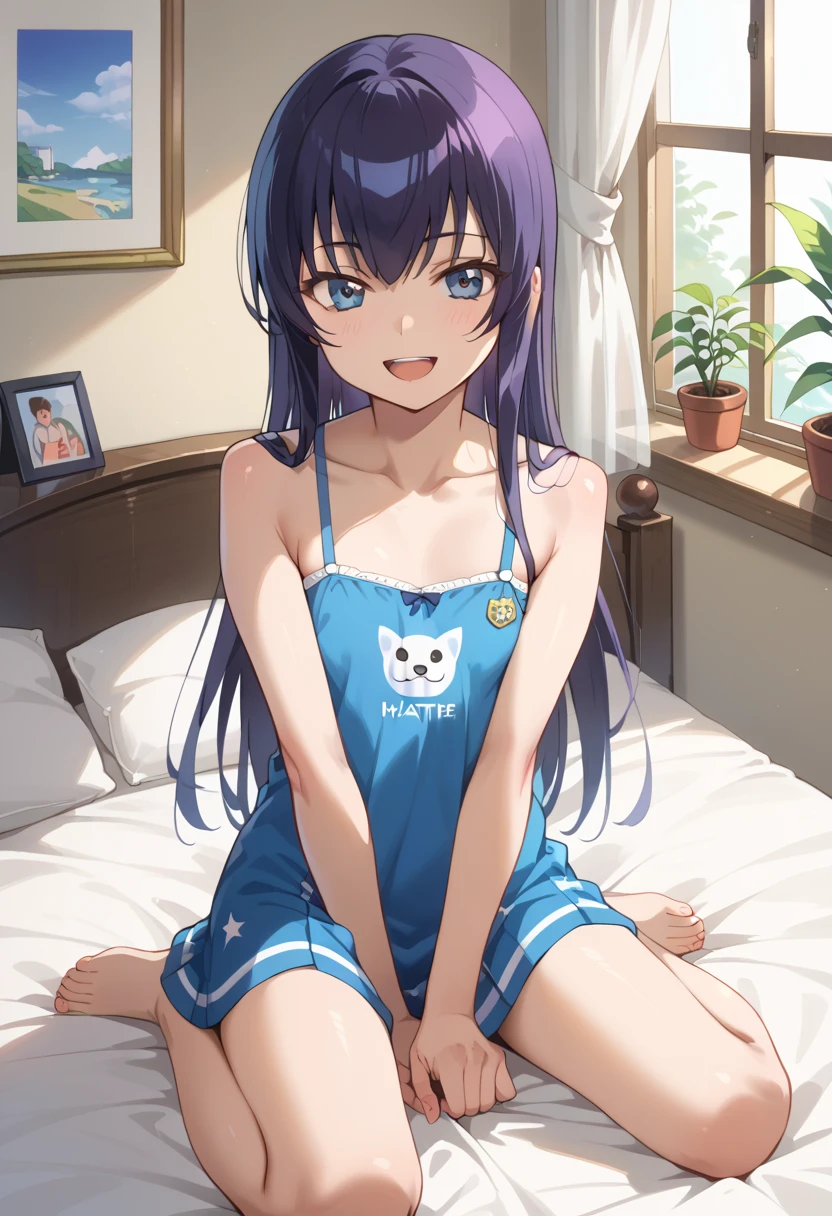 ((Best Quality)), ((masterpiece)), (be familiar with), completely complete, indoor, bedroom, watching viewers,
One woman, Saeko Tokushima,
open mouth, ecstatic expression, cover, smile,
small , flat chest, Young girl, lori, ren, girl,
long hair, long hair,
opening,