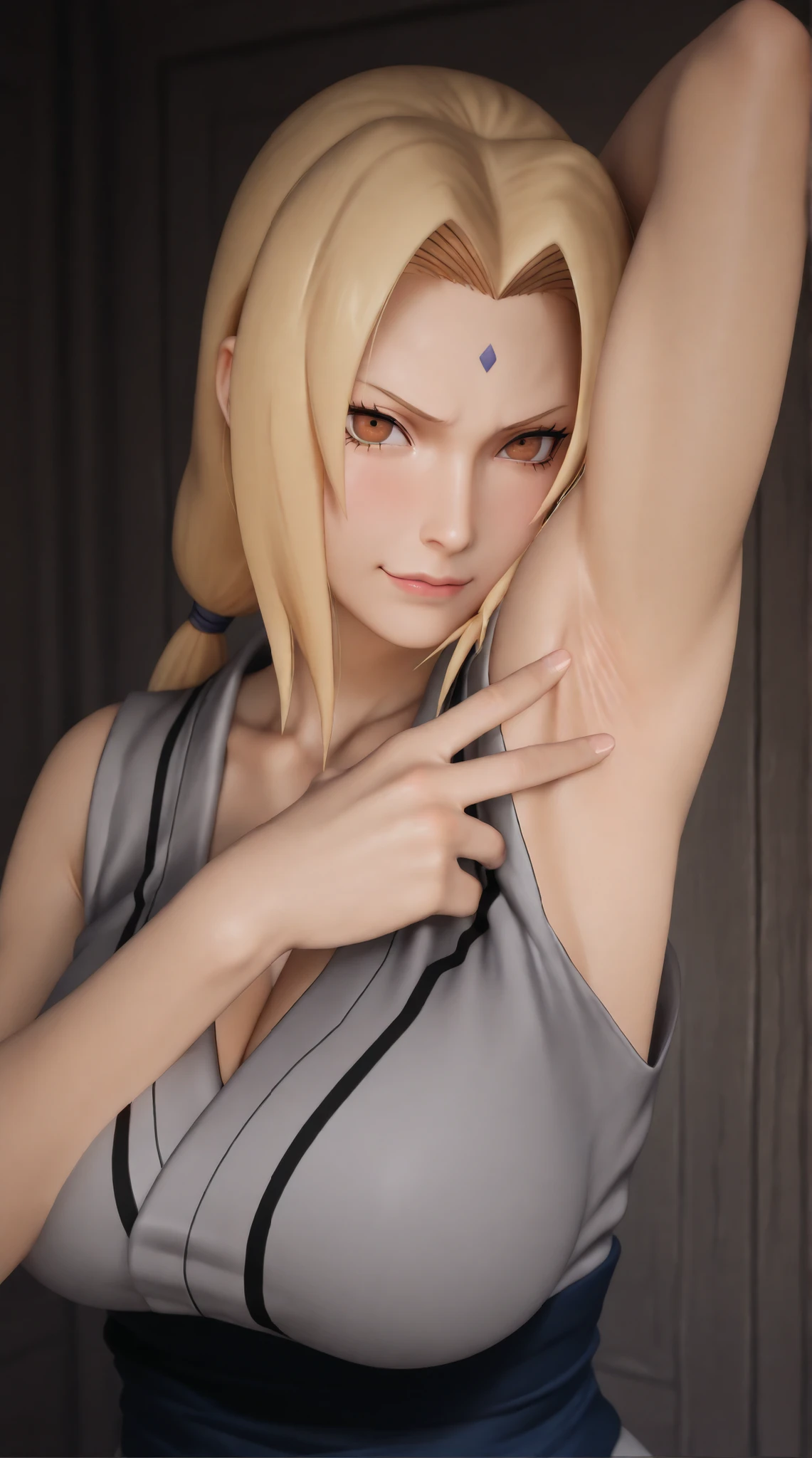 there is a woman with a very large breast posing for a picture, inspired by INO, with hand giving peace sign on her armpits skin, anime styled 3d, heavy gesture style closeup, tsunade from naruto, neutral pose, expressive pose, seductive expression, inviting pose, rendered in sfm, anime pose, 3 d anime realistic, hands behind her body pose!, modeled in poser, hands behind her pose!