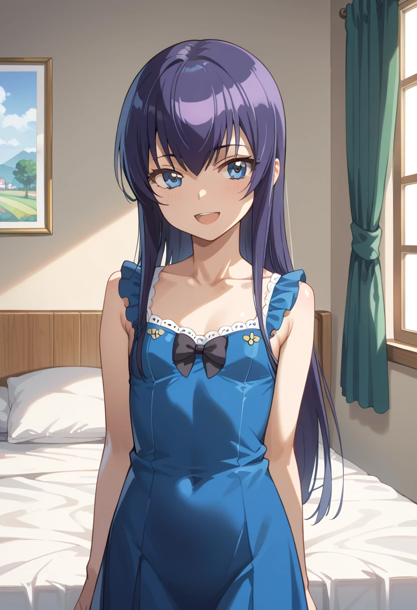 ((Best Quality)), ((masterpiece)), (be familiar with), completely complete, indoor, bedroom, watching viewers,
One woman, Saeko Tokushima,
open mouth, ecstatic expression, cover, smile,
small , flat chest, Young girl, lori, ren, girl,
long hair, long hair,
opening,