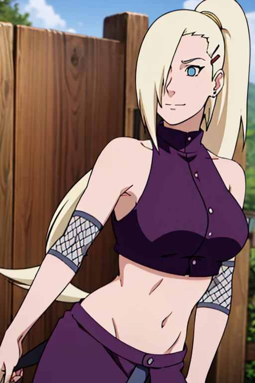 (biceps), Ino yamanaka, looking at the viewer, attractive, cowboy shot, ultra detailed face, sunny day, day time, upper body view, anime style, solo, detailed home, blonde, (purple clothes), ((one eye covered with hair, hair over eye)), medium breasts, belly button, looking at the viewer, thick arms, (off-shoulders, wide shoulders, curving body), hidden eye, smile, open mouth, very happy, tall, hair clip, sharp look, sharp face, sharp eye, cold colors,

