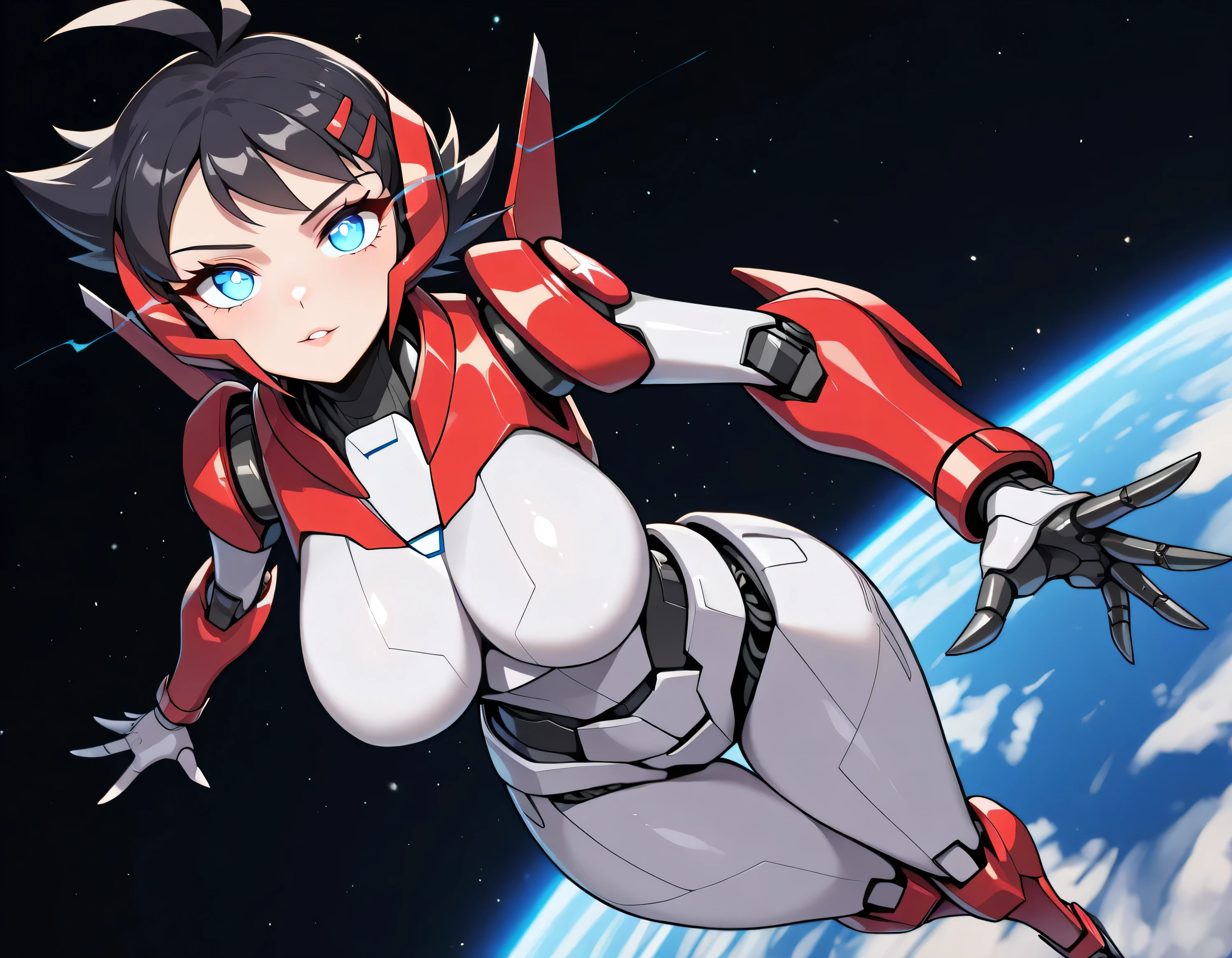 score_9 , score_8_up , score_7_up , ((Masterpiece)) , ((highres)) , (1girl , solo) , fullbody shot , shading , sharp focus , raytracing , 23yo , Goh_\(pokemon\) , red hairclips , short hair , Black hair , blue eyes , shiny eyes , lush lips , (long lashes) , plastic tan skin , ((thin waist , wide hips , thick thighs)) , big breasts , (((cyborg doll joints))) , no nipples , no vagina , nude , naked , ((floating in space)) , Simple anime Style , (((glowing eyes))) , (((Arcee)))