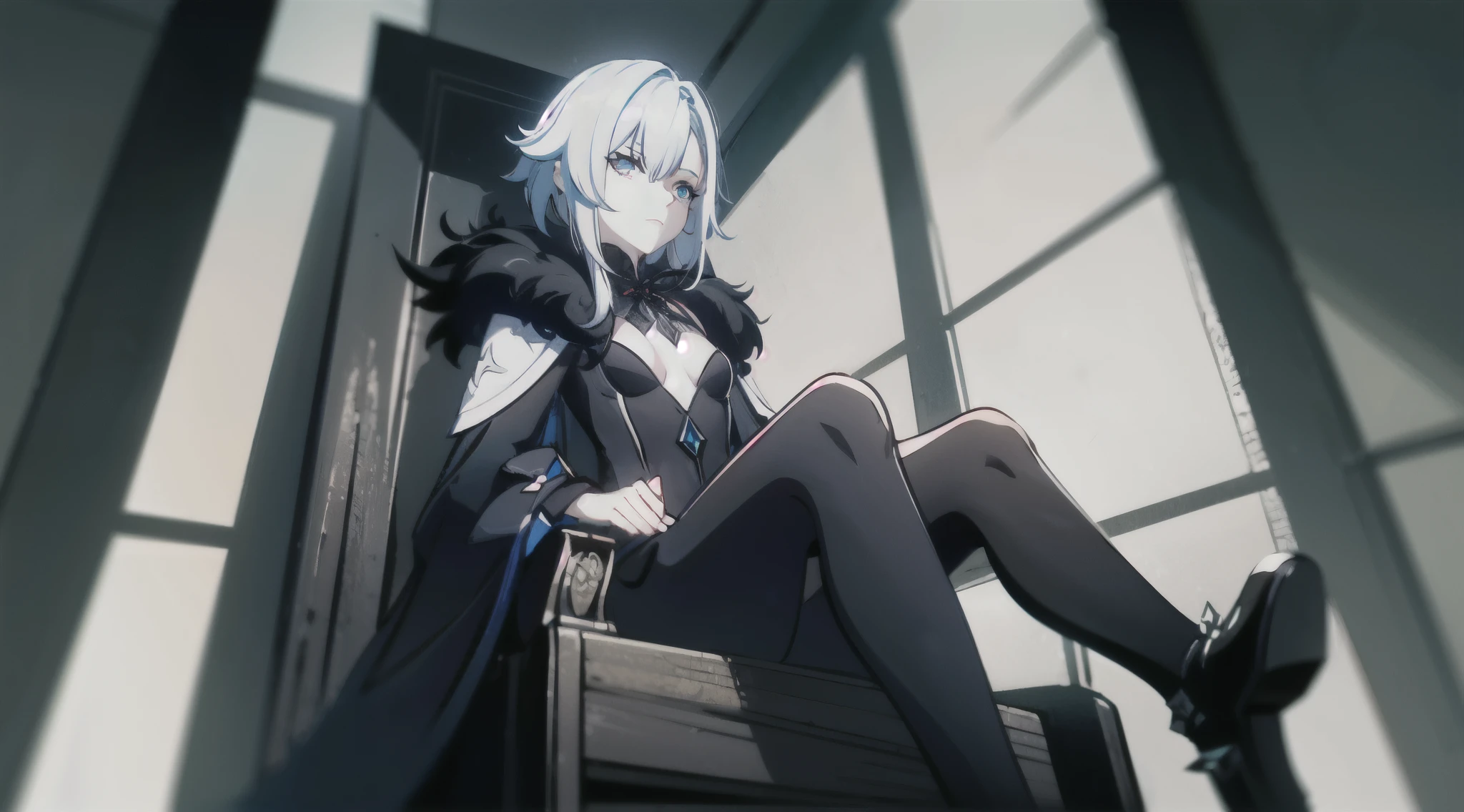 1girl, full body, (solo), ((masterpiece)), full shot, (shadow), [slim], (small breasts), low angle shot, (detailed), cinematic lighting, (textured skin), ((sharp focus)), ((very clear)), winter coat, leggings, shoes, palace, (throne:1.2), white hair, black hair, blue eyes, (cross-shaped pupils), adult, fur coat, from below, (sitting), drop shadow, focused, shading, tracing, smooth, pale skin, sharp, (pixiv), ((detailed surroundings)), arlecchino(genshin impact)