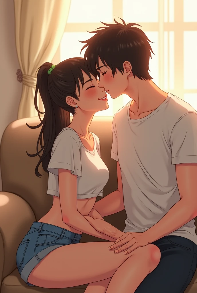 Young girl wearing white and orange striped t shirt and orange shorts and young boy wearing a navy blue t shirt and black shorts sitting on a bed together, kissing, making out, passionately, sexy, hot, lustful
