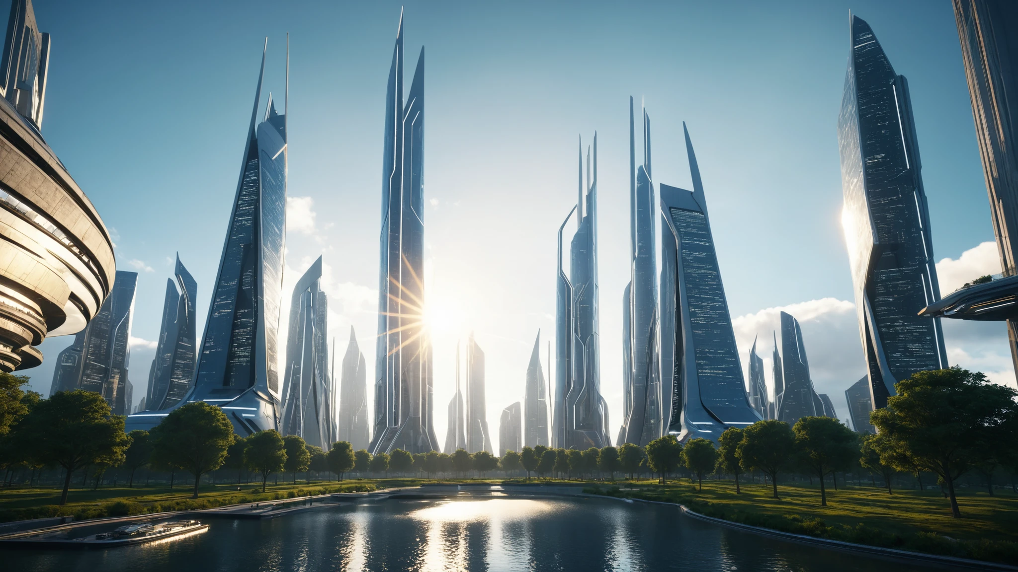 god rays, realistic, ultra realistic, 4k, 8k, photography, photorealistic, 3d render, unreal engine, cinematic shot, aerial photography, masterpiece, best quality, amazing quality, very aesthetic, high resolution, ultra-detailed, absurdres,
futuristic architecture, perspective shot, militarist design, neo-militarism, evening sky, solarpunk, sci fi, city center,  megacity, utopia, white colours, white accents, city pond, park,
BREAK, depth of field, volumetric lighting
 