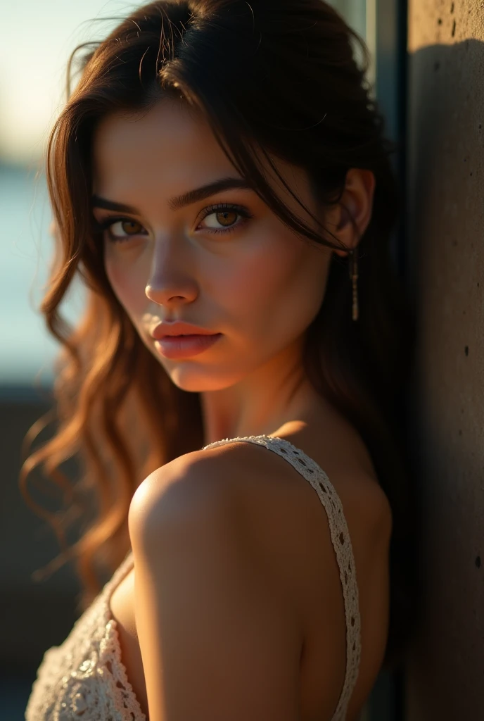 portrait of A slender European model, the most beautiful girl in the world, small nose, and her long black hair styled in an elegant bun, Her flawless white skin glows under the sun's rays, as her alluring brown eyes captivate the viewer. Adorned with a small necklace that perfectly complements her décolleté, she exudes confidence and allure. Her slim figure is accentuated by a form-fitting sexy dress, while her slender legs are elongated by a pair of sleek high heels. The image, captured with an outside lens set at an aperture of f1.8, boasts unparalleled realism and incredible detail, bringing every aspect of the model's beauty to life. The vibrant bokeh in the background. (photography by Steve McCurry), very detailed, dramatic lighting, digital art trending on Artstation 8k HD high definition detailed realistic, detailed, skin texture, hyper-detailed, realistic skin texture, armature, best quality, ultra high res, (photorealistic:1.4), high resolution, detailed, raw photo, sharp re, by lee jeffries nikon d850 film stock photograph 4 kodak portra 400 camera f1.6 lens rich colors hyper-realistic lifelike texture dramatic lighting unrealengine trending on artstation cinestill 800, Hyper realistic