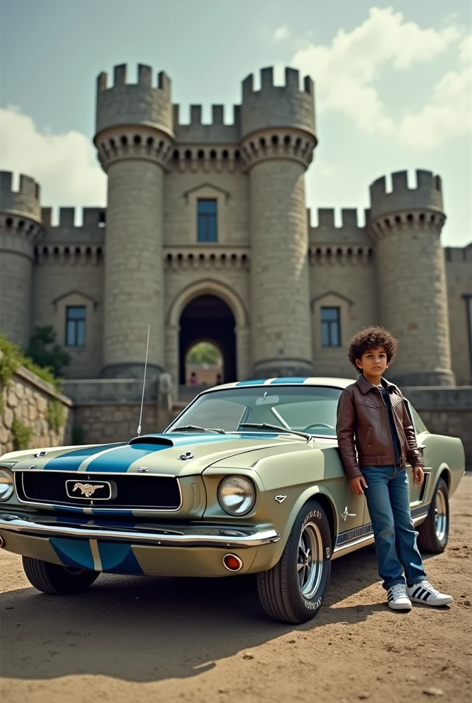 A fort mustand gto vintage car which is grey with a blue stripe leans against the front a 1 boy with black short curls and blue baggy jeans and white blue addidas sneakers and a motorcycle jacket