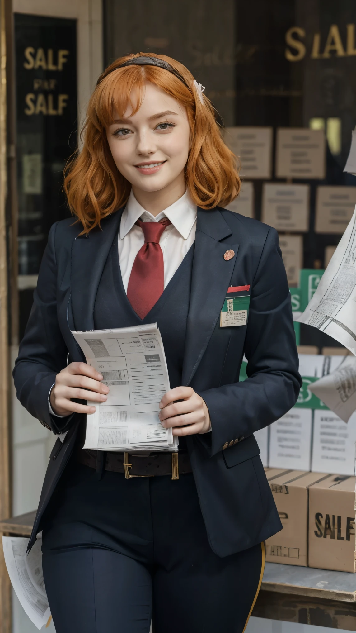 (masterpiece), best quality, expressive eyes, perfect face, headbands, redhead, celt, ginger hair, wearing headband, uniform suit work, perfect anatomy, (((salesmen woman))), (((holding a sales paper))), tall woman with chubby physique and long, irish woman, smiles