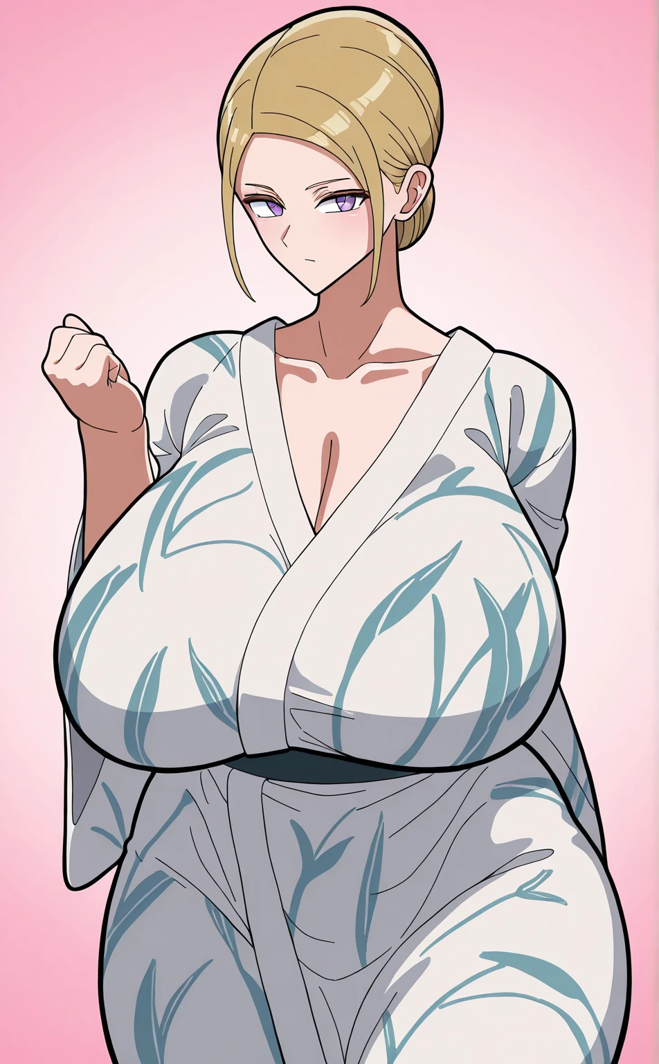 (solo) female anthro snow leopard, long fluffy hair, snow leopard, (big breasts:1.5), attractive, off shoulder kimono dress ,  fit body, snow leopard tail,, thicc, freckles, freckles on face, smug eyes, (happy expression), she is laying on the bed look to the viewer , on back, violet background, simple background, thick thighs  (front view)