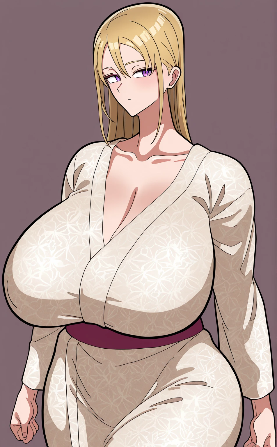 High resolution, Marikawa Shizuoka, 1 girl, ((bimbo))), long blond hair, yellow eyes, puffy lips, thick lips, wide hips, enormous thighs, huge ass, enormous huge natural breasts, sexy face, erotic smile face, mature woman, shiny skin, revealing cleavage, legs, giant shaggy breasts, giant woman, white yukata, doorway, apartment, Areola, nipples,