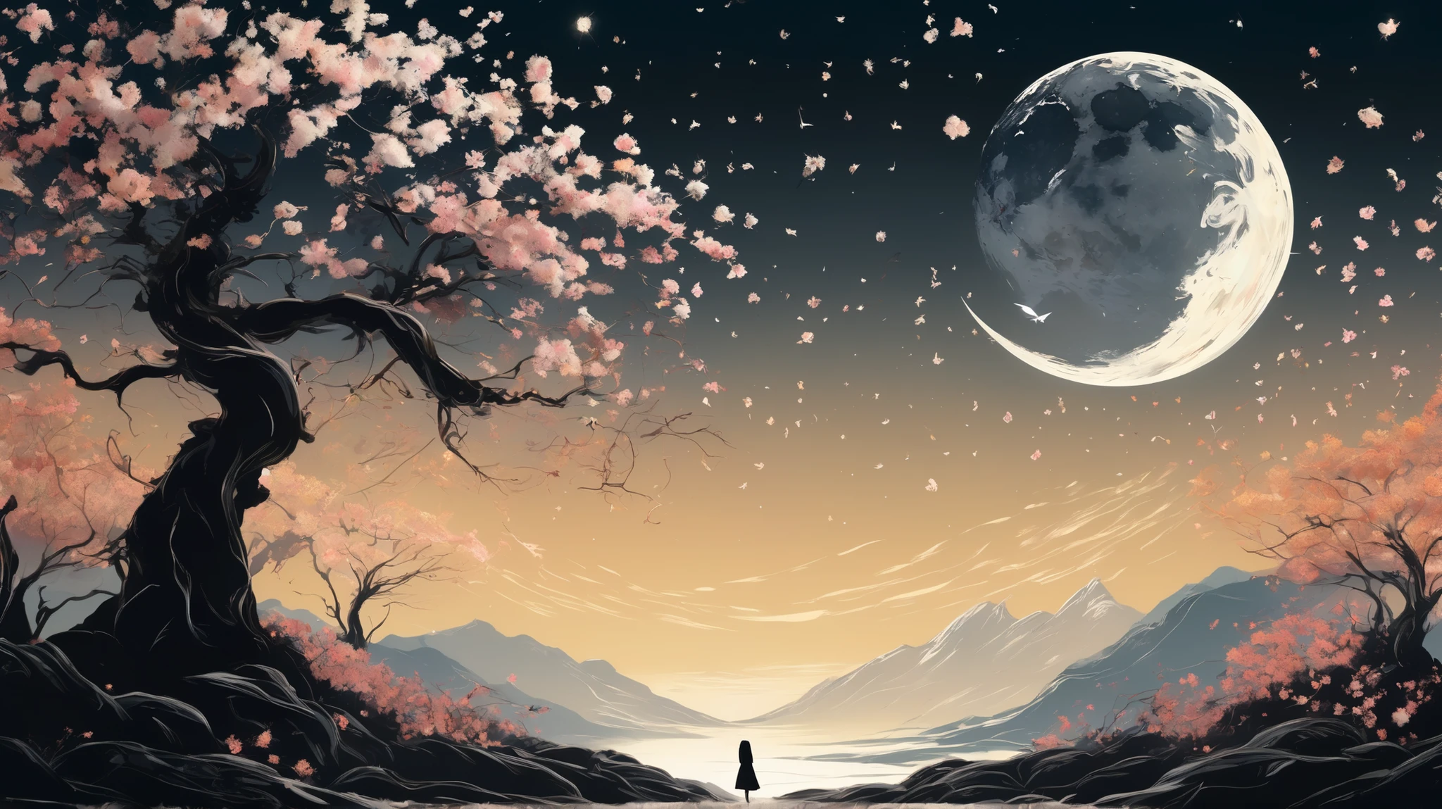 vetor arte, surreal, a field of flowers, in the distance an old tree, mountains, textures, it appears as a shadow, In front of the majestic crescent Moon, The wind causes flower petals to fly, giving a mystical air to the scene, In the foreground, The Shadow of a Girl, watches the scene in wonder, Her hair flies with the wind , and are confused with flower petals. Golden palette, black, white. Atmosphere aetherea, starry sky. and high contrast.