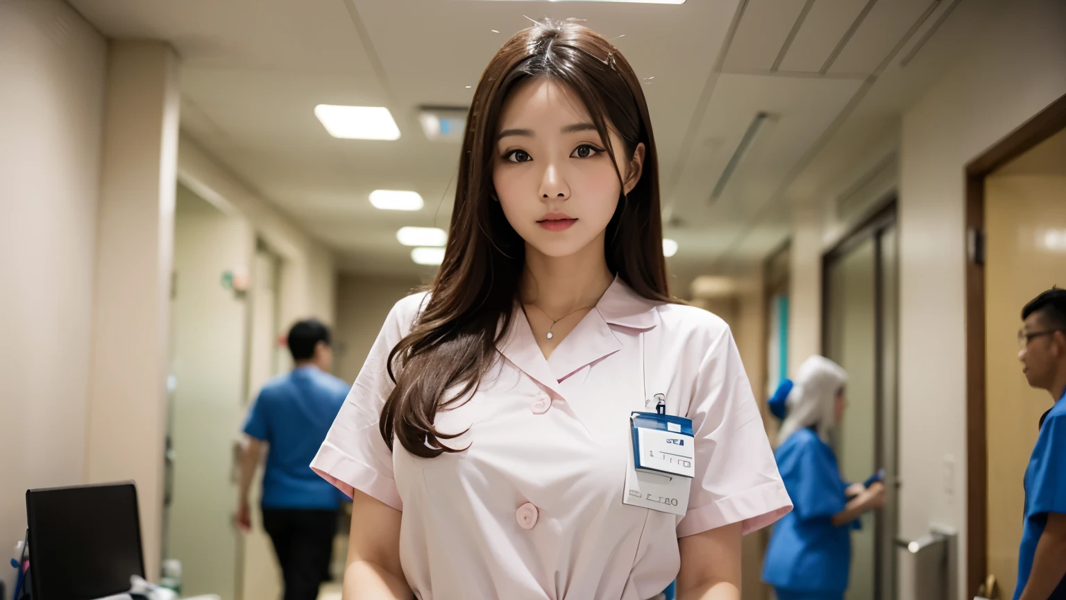 A stunning East Asian nurse, with large breasts and sexy clevelage with long, wavy brown hair stands elegantly in a hospital.

