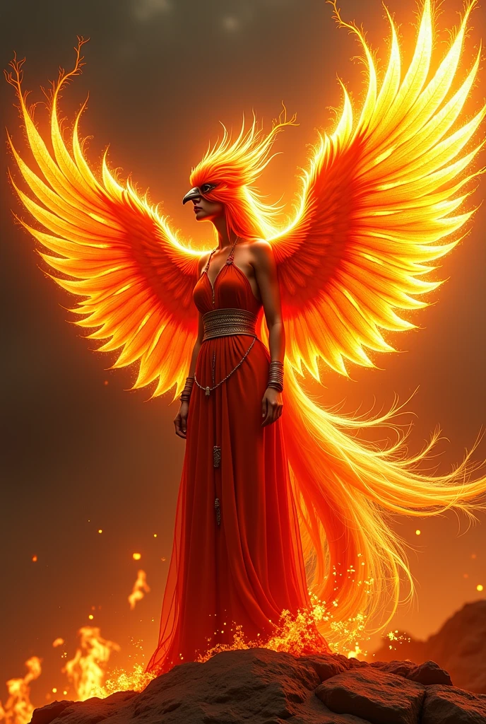 A female elemental phoenix with a very serious expression in a stormy background, (best quality, highly detailed, masterpiece), (Photorealistic:1.3)