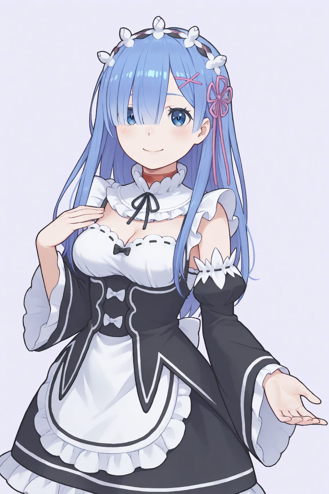 highres, hi res, best quality, masterpiece, 2d, intricate details, 4k, anime coloring, shadow,
1girl, solo, female, eyelashes, nose, long hair, bangs, blue eyes, hair ornament, blue hair, hairclip, choker, red choker, score_9,score_8_up,score_7_up,waist_apron, maid, hair_ribbon, white_flower, white_collar, juliet_sleeves, highres, purple_ribbon, white_bow, simple_background, cowboy_shot, cleavage, frilled_sleeves, black_dress, eyelashes, closed_mouth, solo, rem_\(re:zero\), smile, bare_shoulders, neck_ribbon, detached_collar, spaghetti_strap, white_apron, flower_knot, frilled_straps, commentary, flower_hairband, bow_button, frilled_dress, black_bowtie, ribbon-trimmed_dress, black_sleeves, black_ribbon, hair_over_one_eye, detached_sleeves, frilled_apron, white_pantyhose, looking_at_viewer, sleeveless_dress, light_blush, 1girl, hairclip, frilled_collar, short_dress